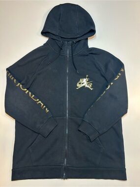 Nike Air Jordan Black Full Zip Hoodie Gold Graphic Sleeve Spellout Sweatshirt